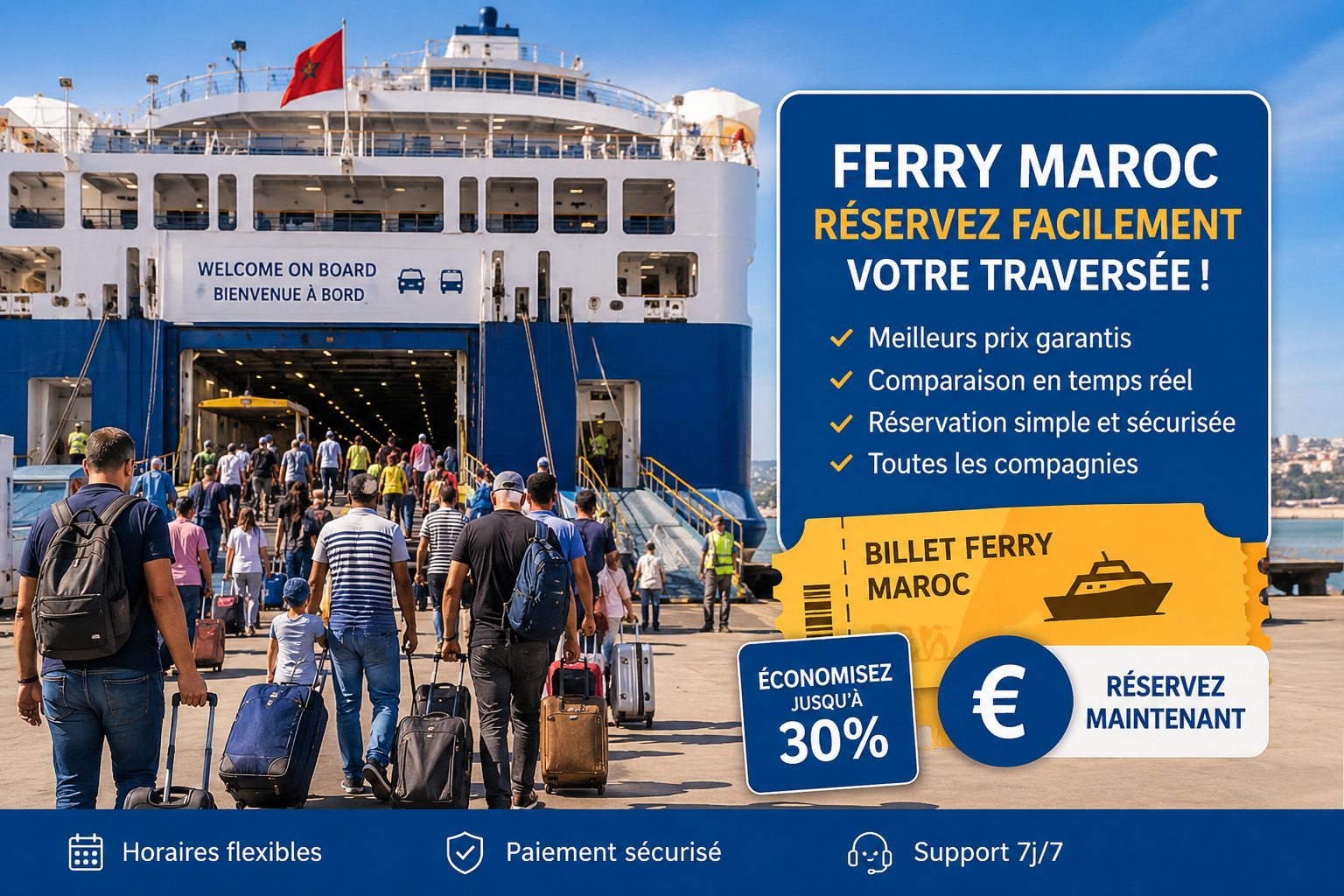 Passagers embarquant dans un ferry vers le Maroc avec réservation de billets